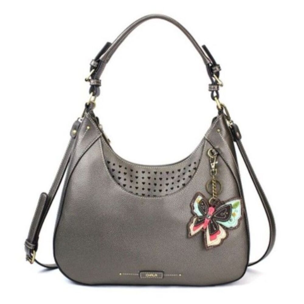 Chala Metallic Pewter Faux Leather Heart Cut-Out Hobo Shoulder Crossbody Bag